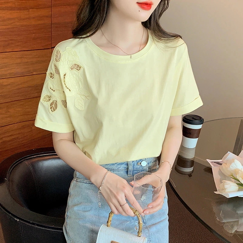 実写スポット 透かし彫り刺繍ワイシャツ夏新半袖tシャツレディース上着は洋気質綿夏でもブラウス