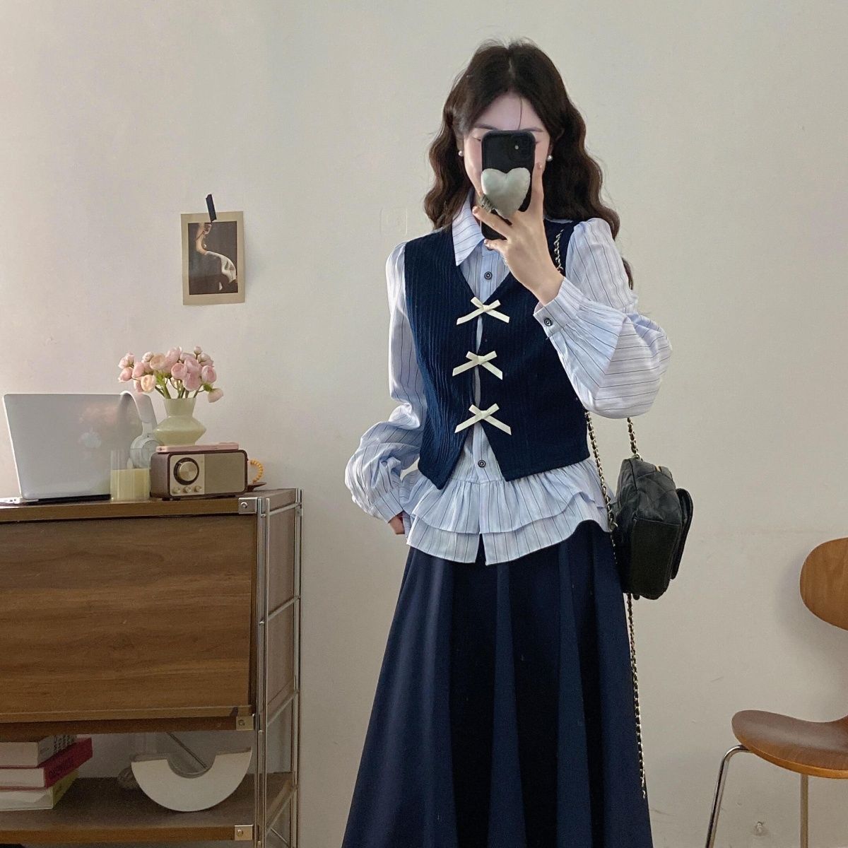 清楚で甘いプリーツスカートセット少女向け夏物中学生向けカレッジスタイルフェイクツーピースシャツとスカートの2点セット