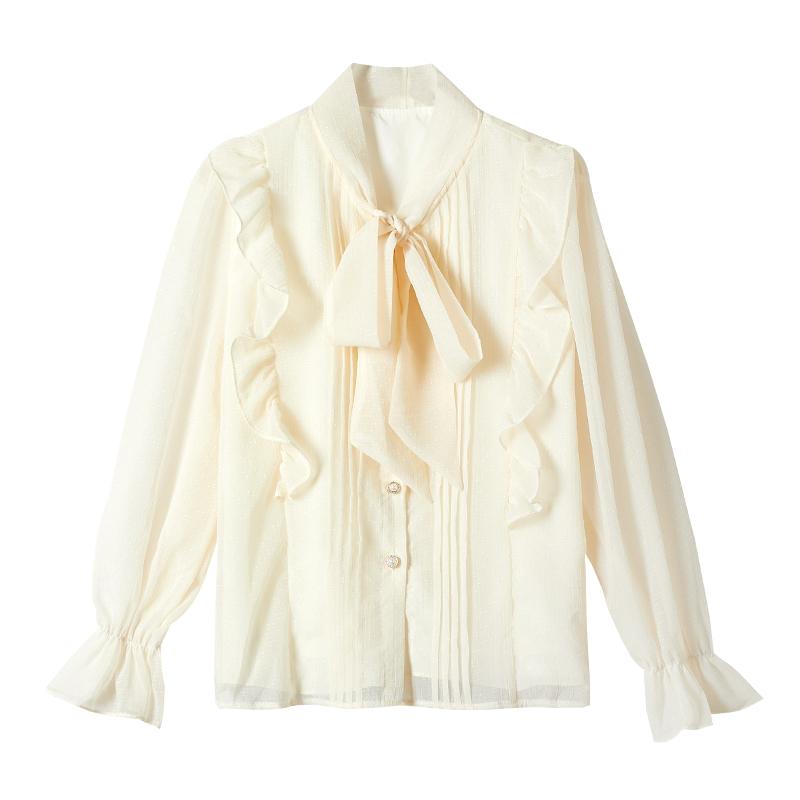 入学式 ブラウス レディース ボウタイ シャツ 春秋 ルーズ かわいい シフォン フレア スリーブ アプリコット Vネック 長袖 リボン レース