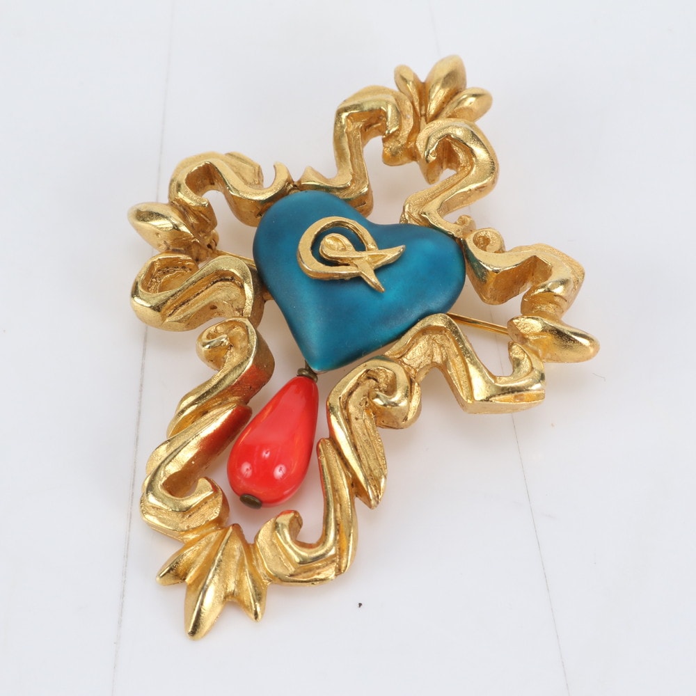 美品 ヴィンテージ クロス ハート アクセサリー ピン ファッション おしゃれ ブローチ ゴールド レディース REM DM9-1 中古