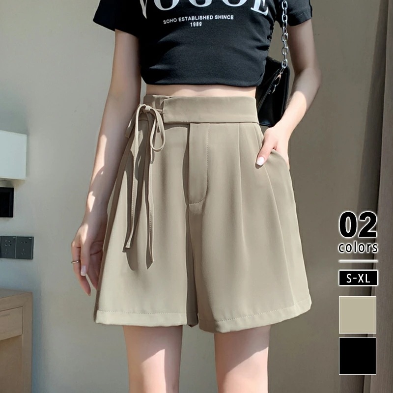 [迅速な配達][限時割!引!]ショートパンツ リボン ワイド タックパンツ ハイウエスト ボトムス ハーフパンツ キュロット スラックスパンツ レディース パンツ 半ズボン 短パン ショート丈 体型カ