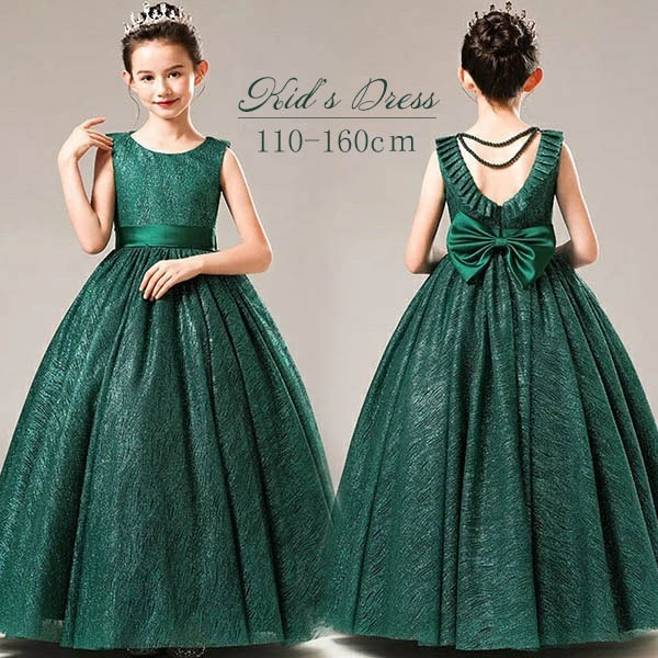 ピアノ発表会 ドレス ロング丈 子供ドレス ワンピース お姫様 着やせ グリーン 上品 エレガント 女の子 結婚式 子供 フォーマル キッズドレス 110/120/130/140/150/160