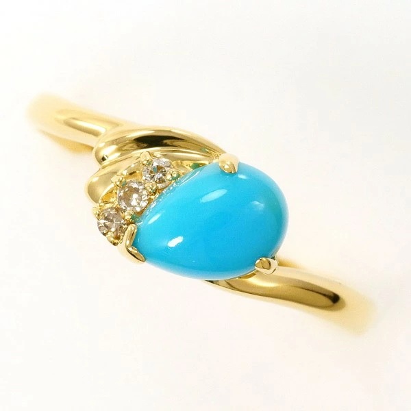 K18 18金 YG リング 指輪 10号 ターコイズ ダイヤ 0.03 ジュエリー 中古
