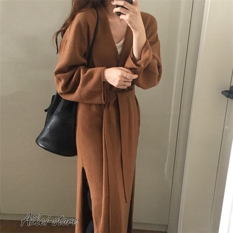 コート カーディガン レディース がいとう コート ニットワンピース セーター メリヤス 秋冬 40代 無地 ロング丈 暖かい ベルト付き アウター オシャレ