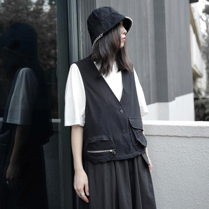 パッチワークポケットジッパー無地ベストレディース秋カジュアルファッションニューブラックノースリーブベストレディースルーズラージサイズカジュアルベストトレンドファッションベストベスト