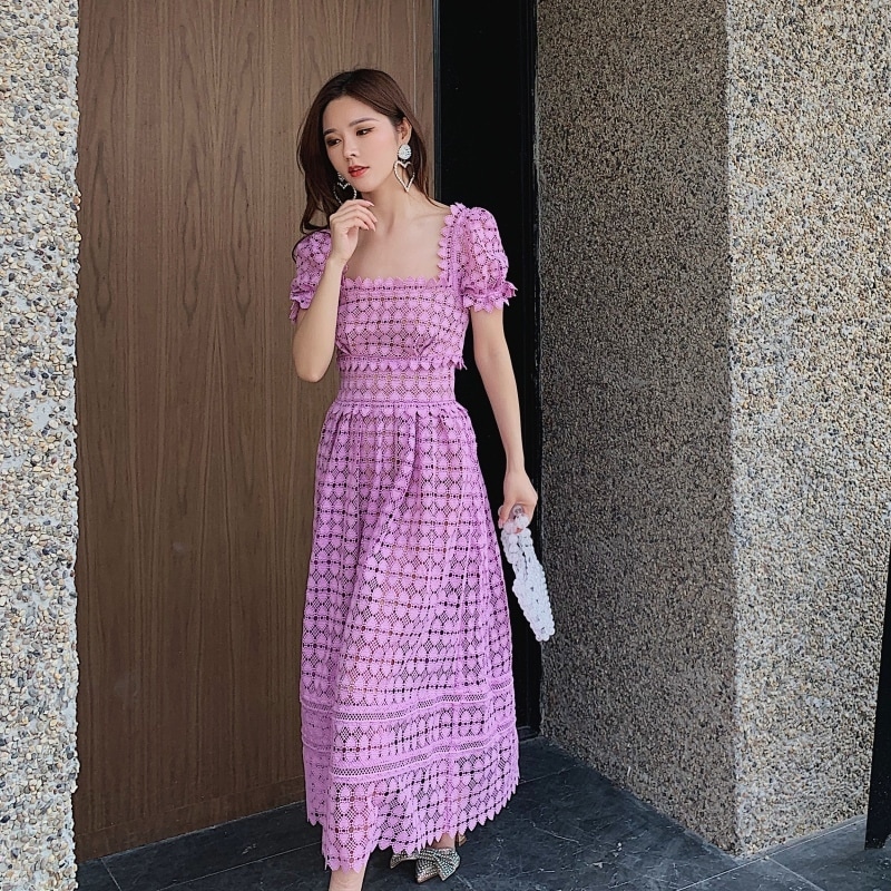 レースワンピース トップス スイート ガーリー パープル 紫 ミドル丈 袖あり 半袖 スクエアネック フレア スリム 細身 タイト 透け感 シアー レース 大人女子 大人 上品 おしゃれ