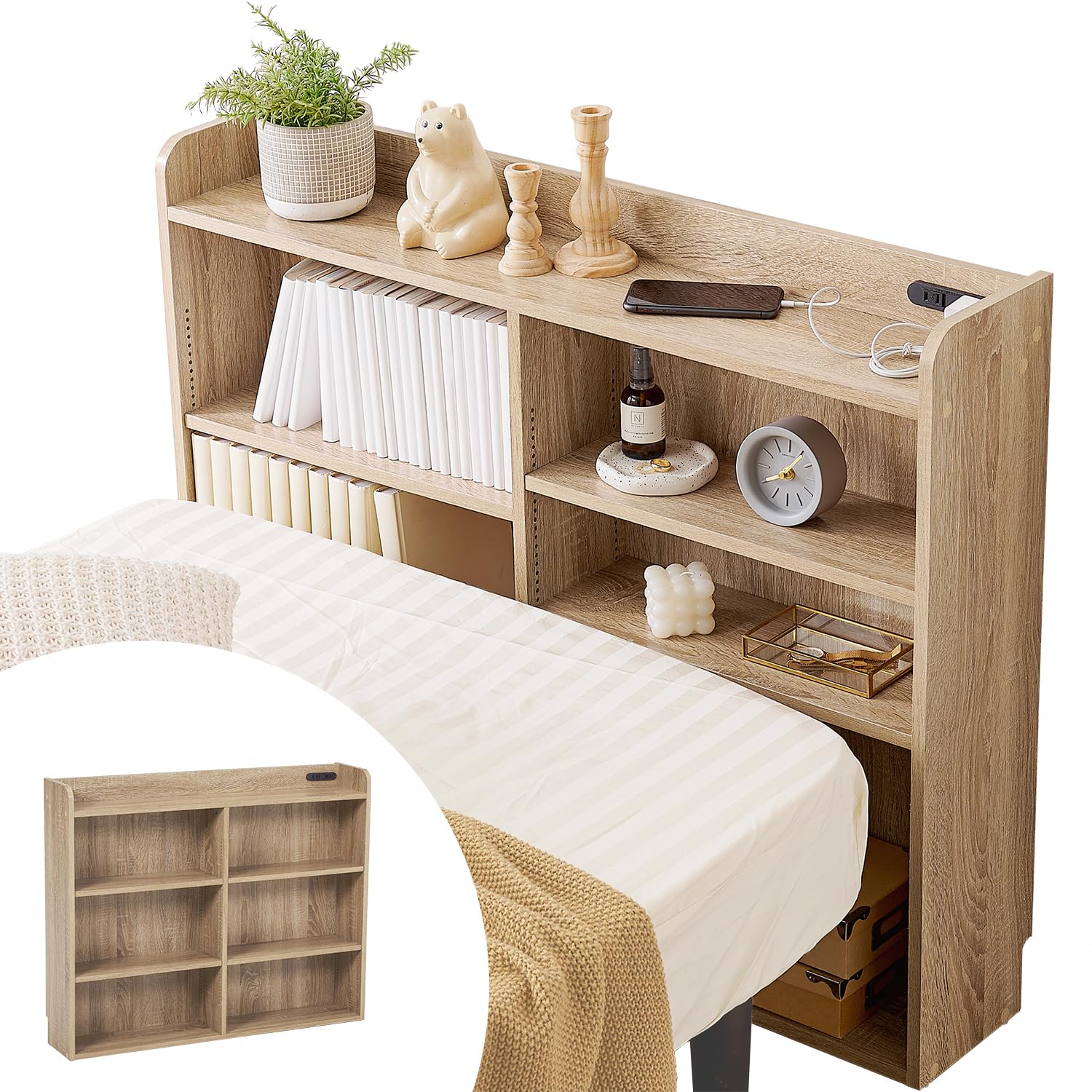 ヘッドボード 後付け 本 収納 大容量 【１間隔で変えれる棚板】シングルサイズ 棚 宮棚 壁面収納 薄型 1500W 2口 コンセント ナチュラル RHB-1925NA