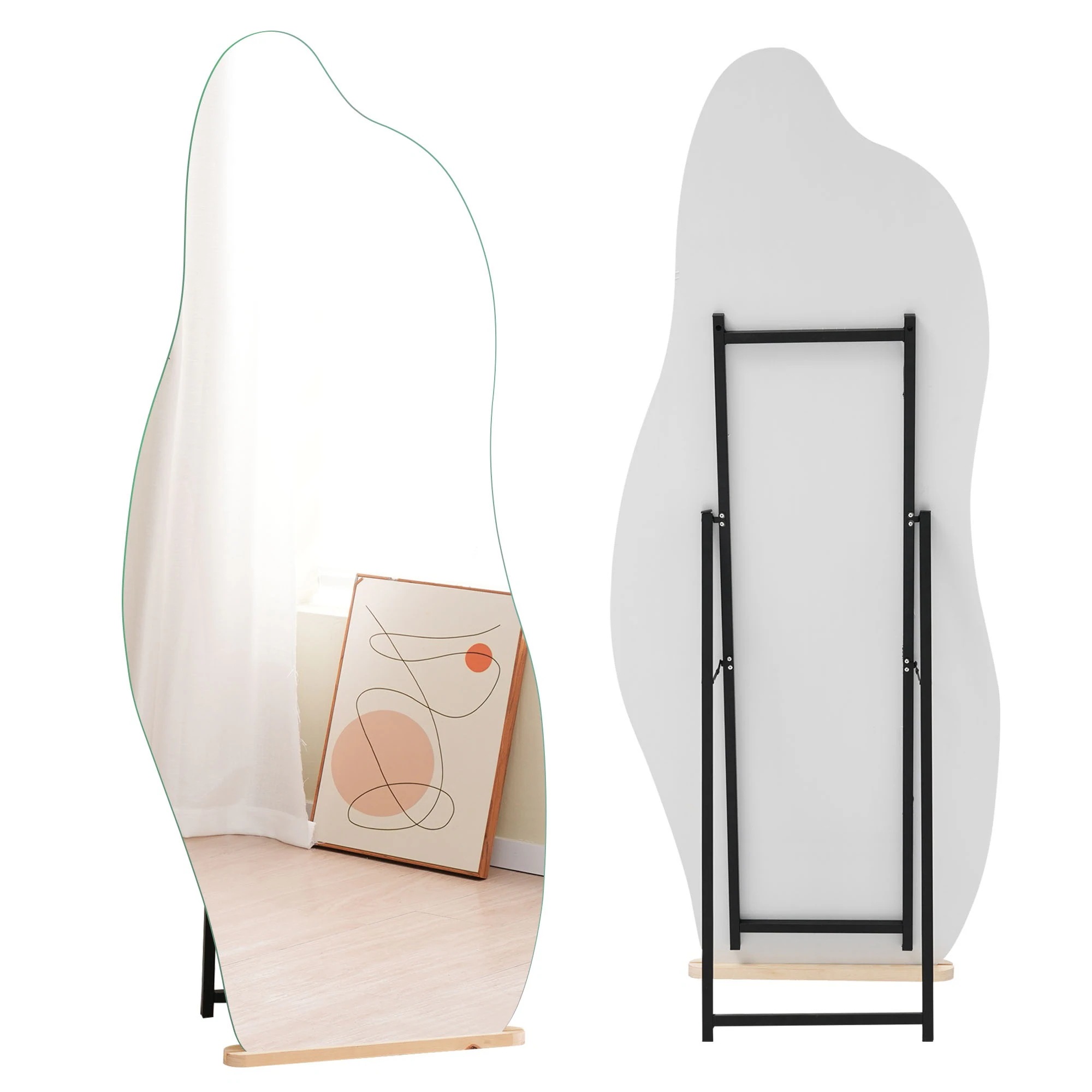 【安心保証】全身鏡 姿見鏡 スタンドミラー ノンフレーム イレギュラミラー 立てかけ 姿見 鏡 ミラー おしゃれ 大型 飛散防止 木製台あり 170*70CM