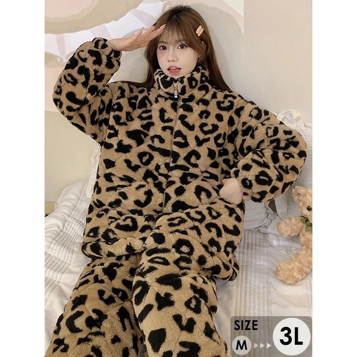 ルームウェア レディース ヒョウ柄 もこもこ 上下セット パジャマ ナイトウェア 可愛い 長袖 部屋着 秋 冬 セットアップ おうち時間 ロングパンツ 韓国ファッション 大人 ポケット付き ゆったり