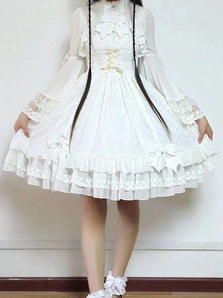【全店任意【迅速な出荷】】甘いロリータ ドレス JSK 飛ぶ私ポラリスに白いシフォン ボー フリル レース ジャンパー スカートを