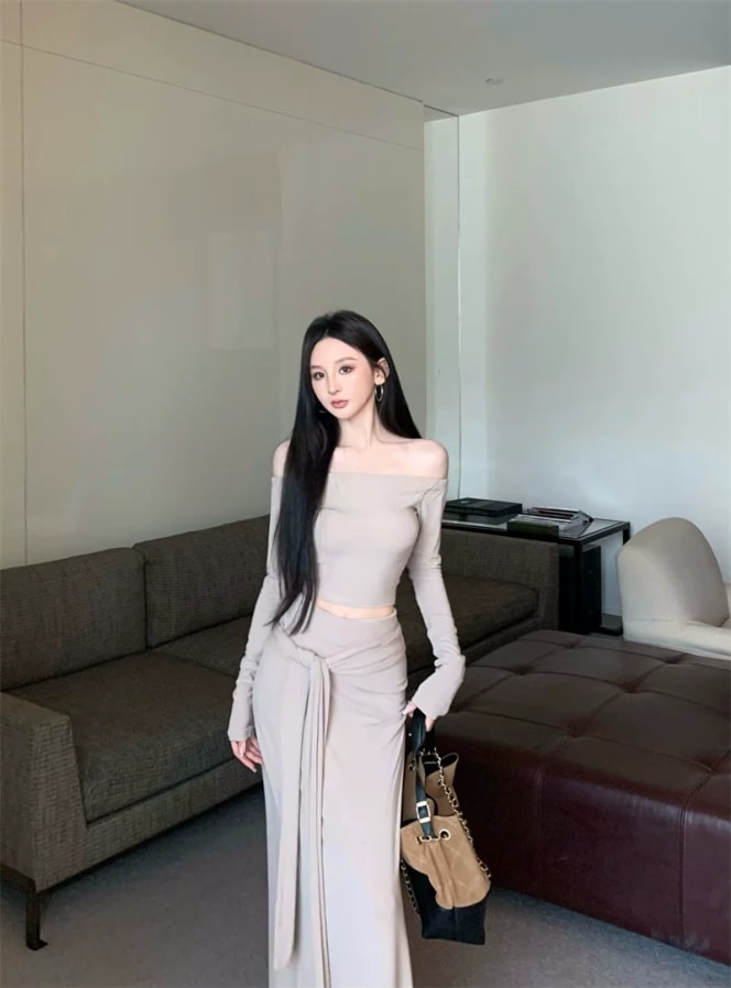 【時限割引】セットアップ レディース 上下セット 春 秋 オフショルダー 長袖 カットソー Tシャツ ショート丈 クロップド丈 ロングスカート タイトスカート ドロスト スリット 無地