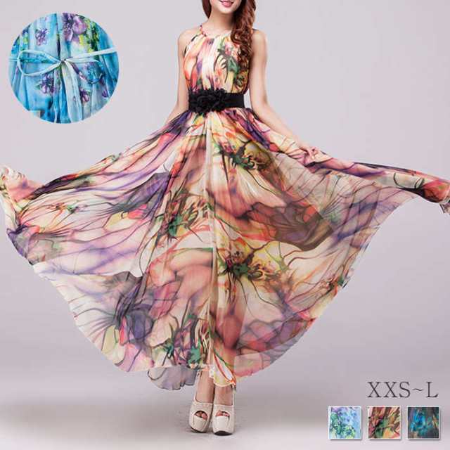 リゾートワンピース ワンピース シフォンワンピース サマードレス サンドレス シフォンドレス ロングワンピース マキシワンピース レディース マキシ ロング ストラップ シフォン 花柄 ノースリーブ