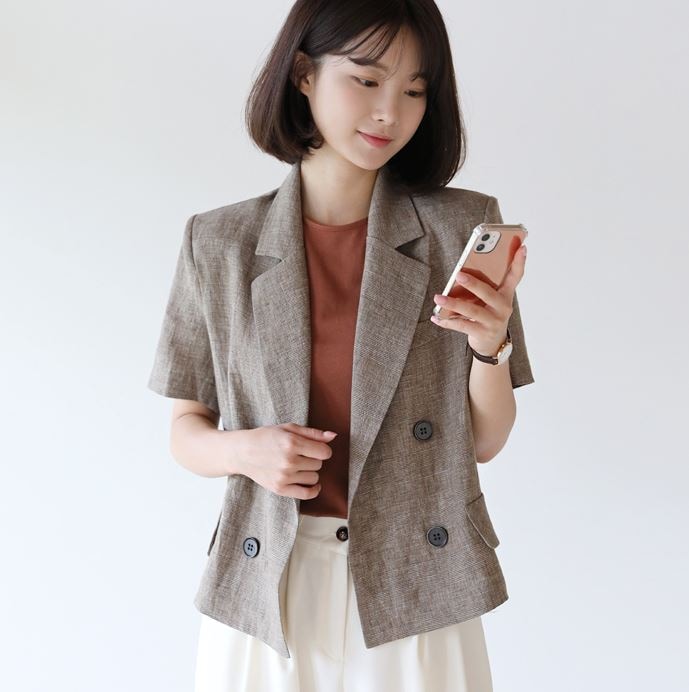 [韓国ファッション]テーラードカラー 小ぶりなチェック柄 リネンダブルジャケット(半袖）