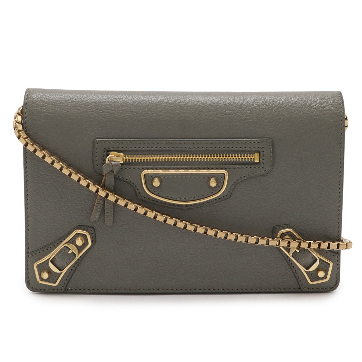 クラシック メタリック エッジ チェーンウォレット ポシェット ショルダーバッグ 2WAY クラッチ レザー グレー 44416