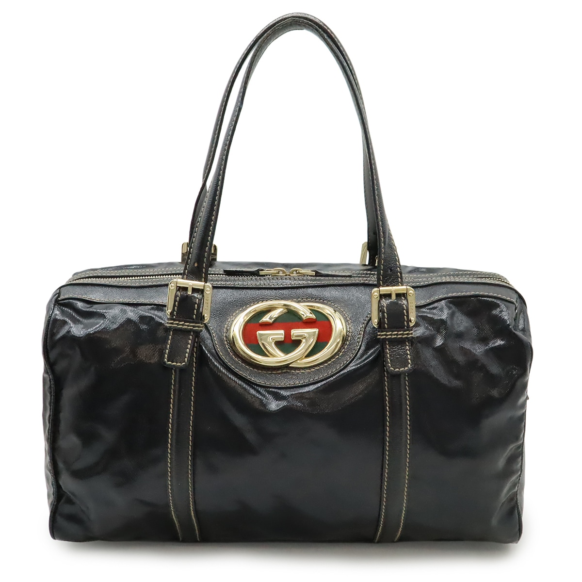 インターロッキングG シェリーライン ミニボストンバッグ ハンドバッグ コーティングキャンバス レザー ブラック ゴールド金具 17001