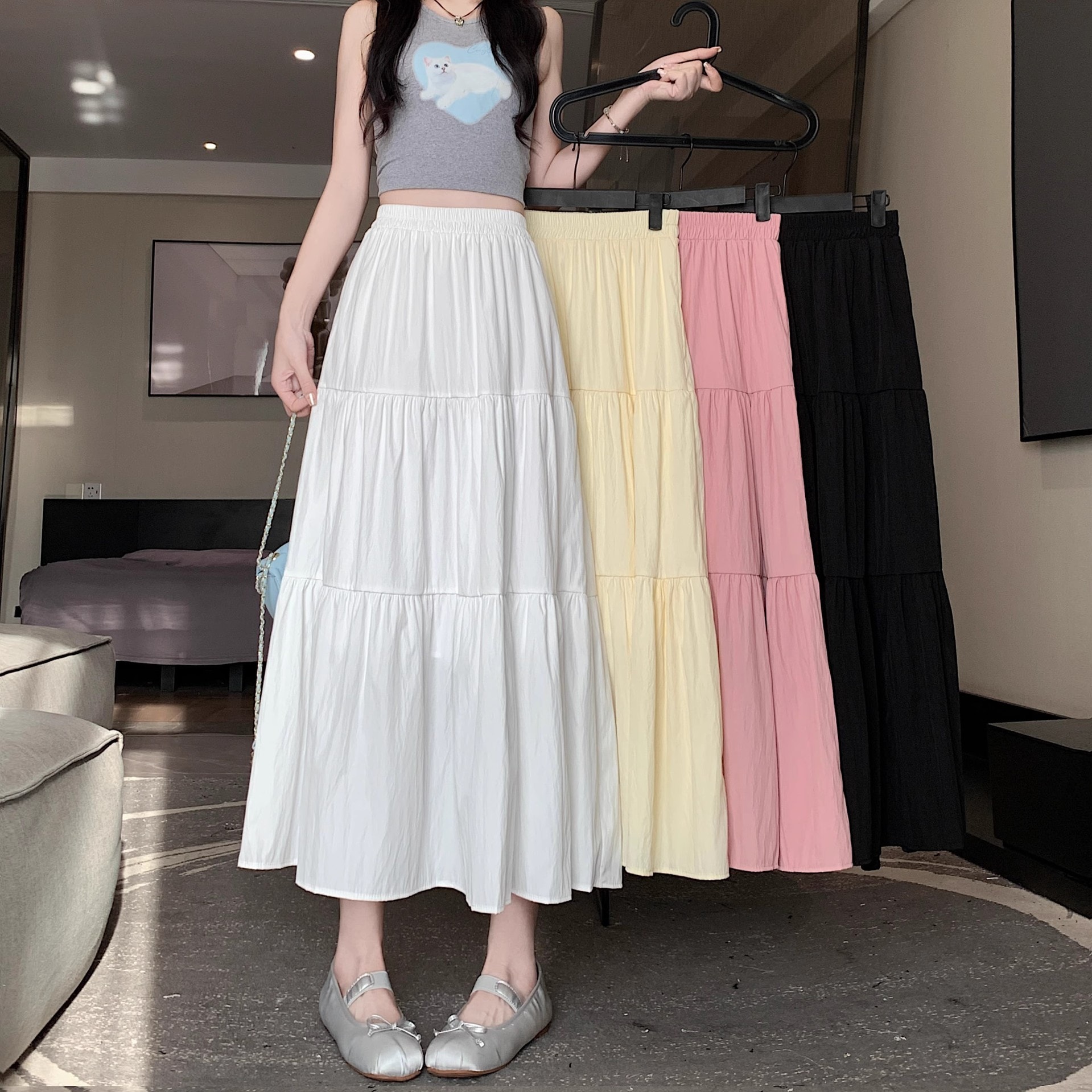 【1つ買うと10つ無料】女性のためのホワイトストリーマー糸スカート2025年夏夏ハイウエストファッショナブルな ラインケーキミディスカート