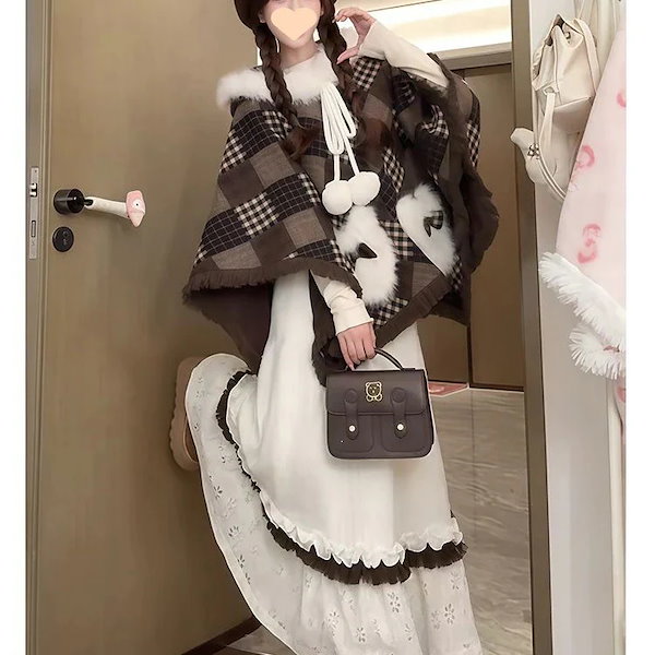 ロリータ コスプレ ブラウン チェック ウール ケープ + 杏色 スカート + 長袖 インナー セット レディース