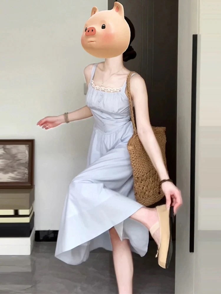 ブルーの海辺リゾート風雰囲気ウエストを収めたスリムワンピース夏のキャミソールロングスカート 新作 百掛け 着痩せ キャミワンピース ファッション