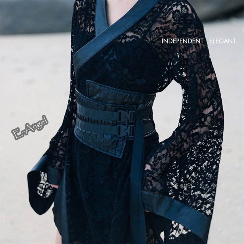 ベルト レディース 太め 帯 小物 飾り物 合わせやすい PU 黒 無地 シンプル 個性的 デザイン性有り 暗黒系