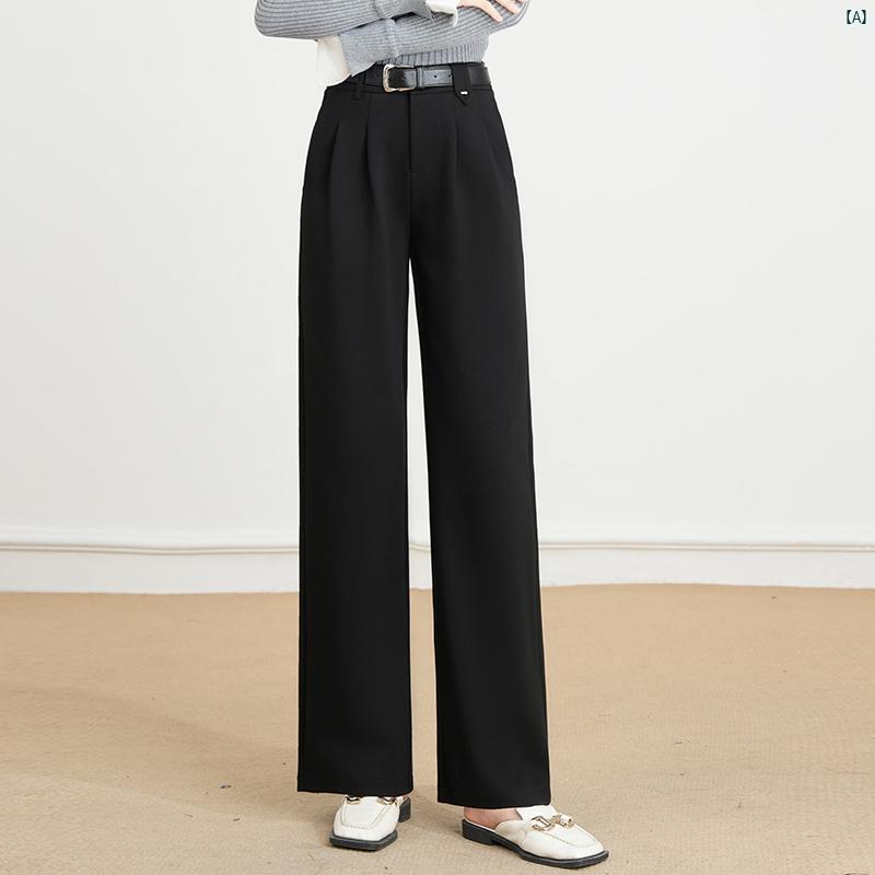 レディース　ファッション　オシャレ　シンプル 春秋 ストレート レッグ モップ カジュアル 小柄 ハイウエスト ドレープ スーツ パンツ 狭い ワイド