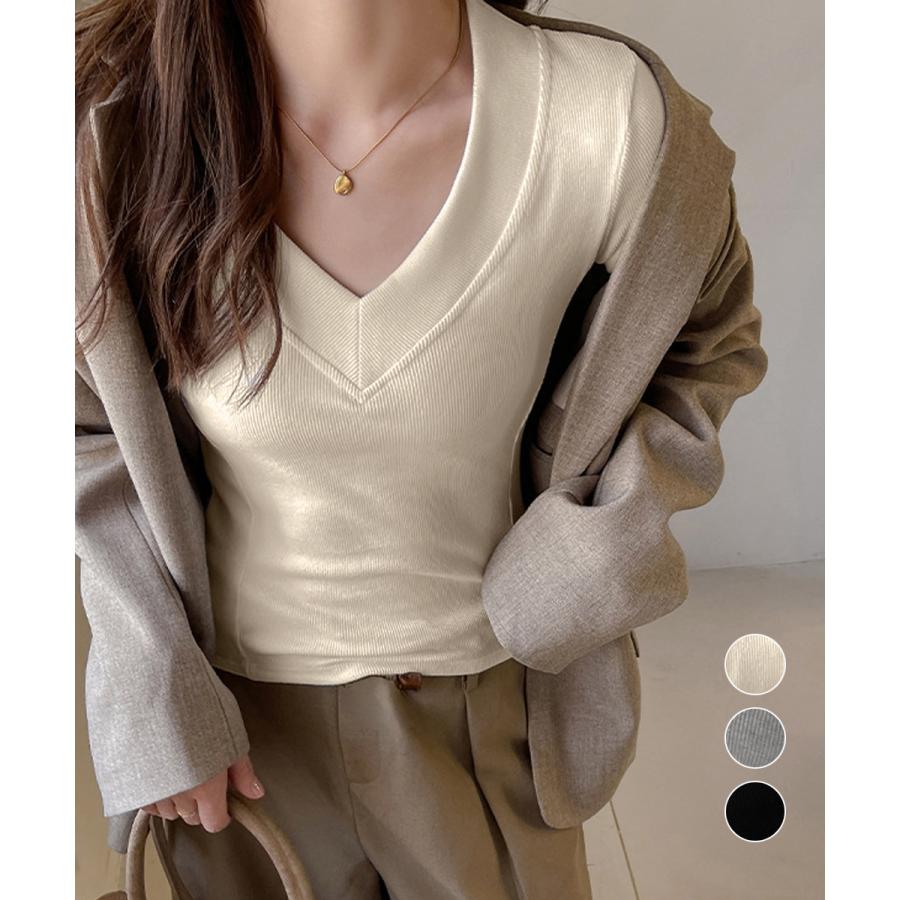 Vネック 長袖Tシャツ 韓国風カットソー