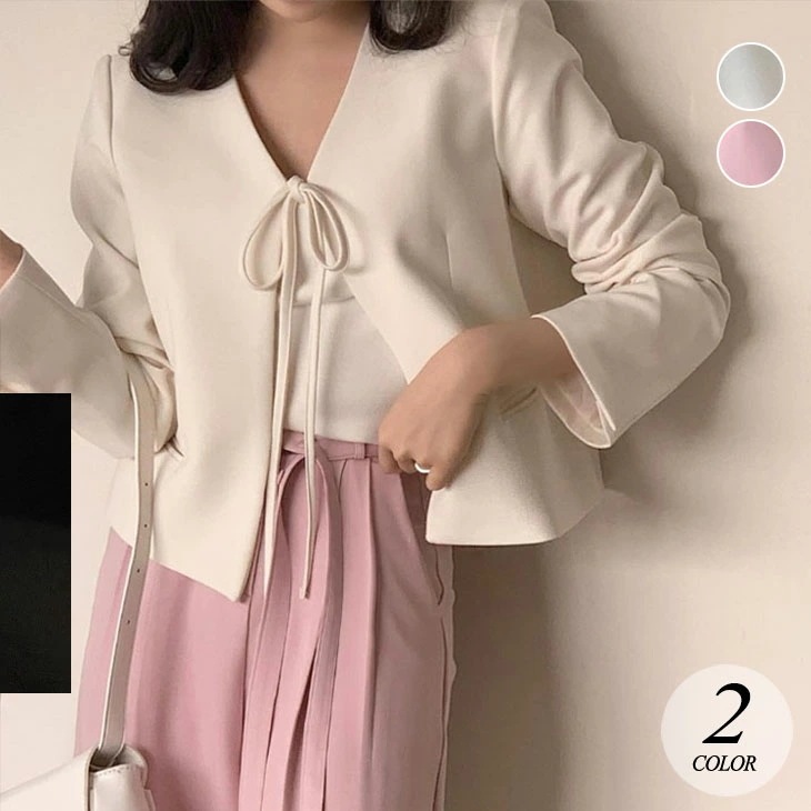 Vネック ストラップショルダー ジャケット レディース 春 秋 長袖 長袖ジャケット きれいめ シンプル カジュアル リボン 羽織り アウター 通勤 ビジネス オフィス フォーマル コットンジャケット