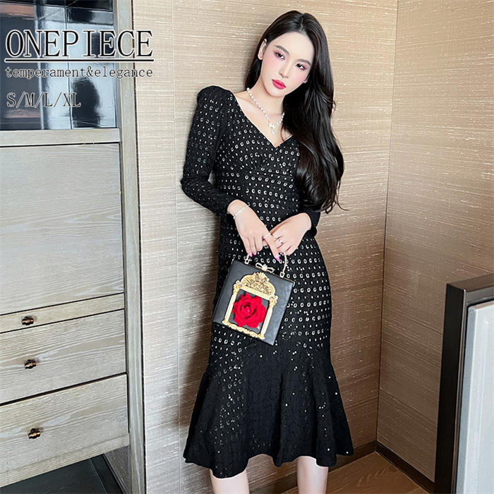 タイトワンピース ドレス セクシー マーメード パーティードレス Vネック お嬢様 姫系ワンピース 成熟風 ワンピース エレガント 優雅 フェミニン 長袖 春秋 ロング レディース フォーマル 通勤