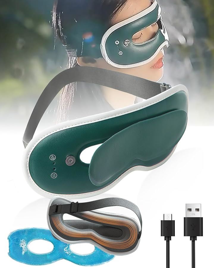 アイマスク3in1ホットアイマスク 3段加熱モード 7段振動モード クール 温冷 充電式 コードレス サイズ調整可能 遮光 15分タイマー 薄型 圧迫感なし( Green, M)