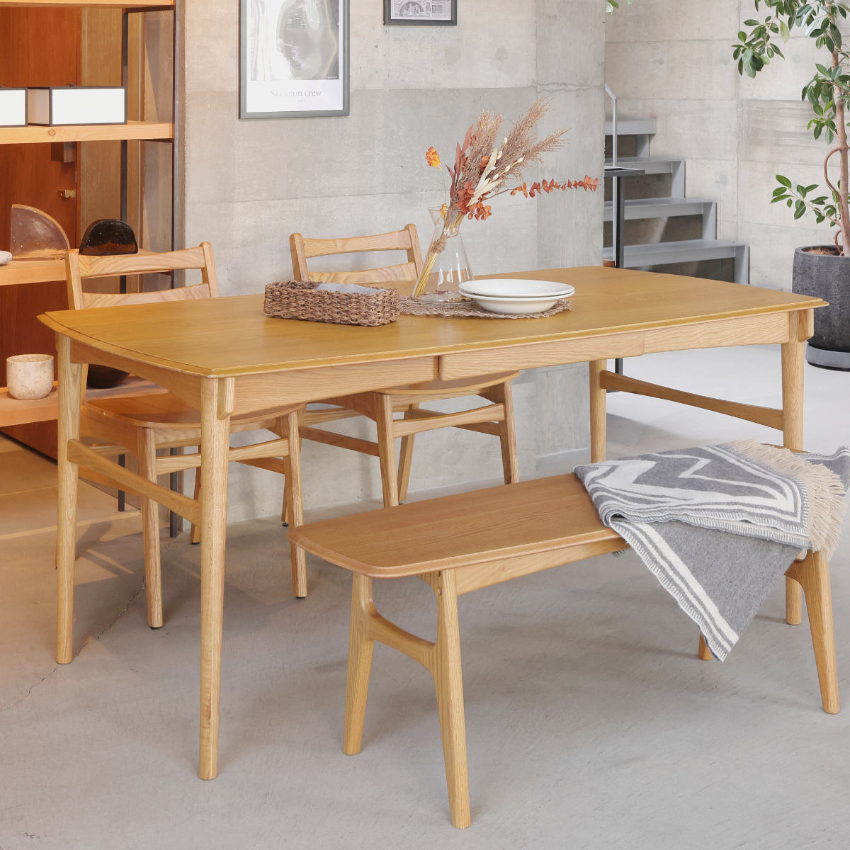 ダイニングテーブル 幅150cm 5ー6人用 引出し付 Herit テーブル 食卓テーブル 4人用 5人用 6人用 机 木製 天然木 オーク 北欧風 長方形 引き出し 収納付き 簡単組立