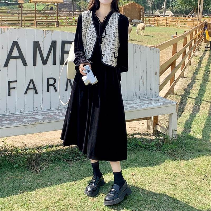 ツイードベスト＋ワンピースセットアップ ベスト＋ロングワンピースセットアップ レディース セットアップ ツーピース 2点セット ベスト ツイード 袖なし Vネック ロングワンピース 長袖 袖口フリル 6,216円