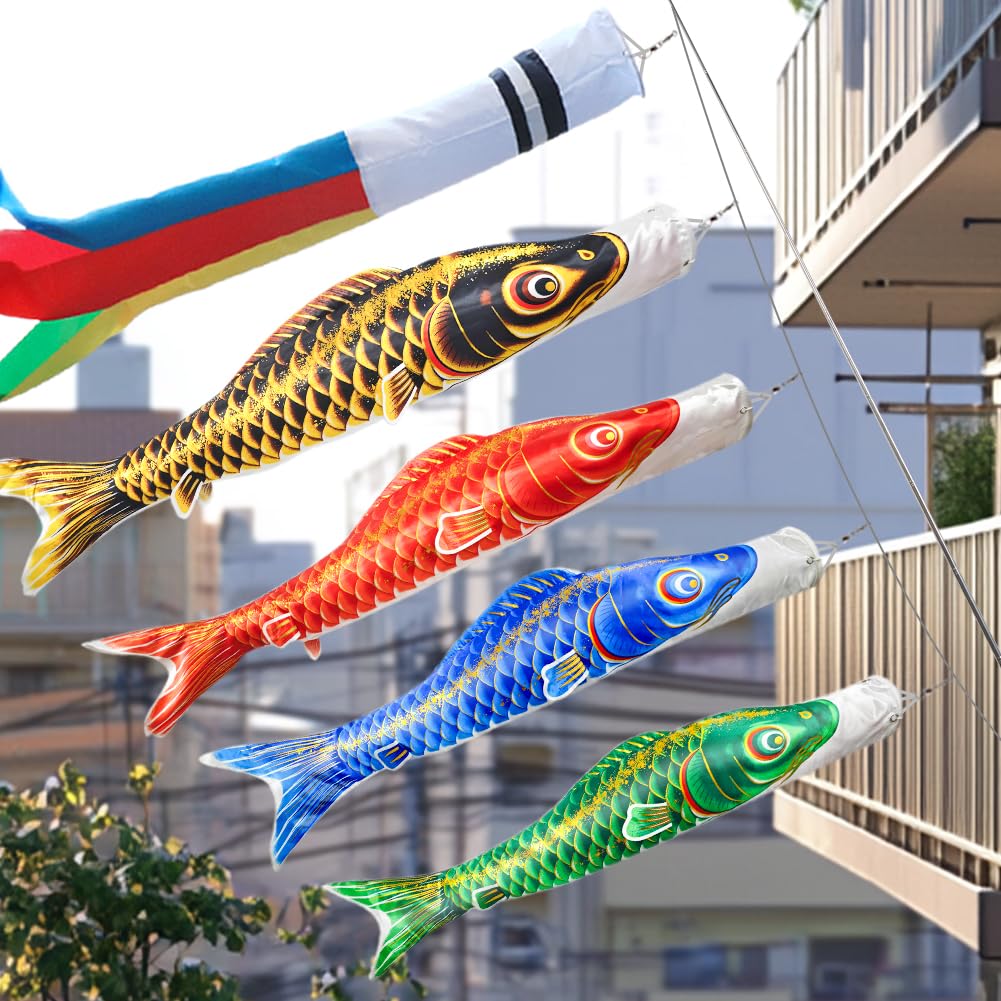 OKBABY 鯉のぼり こいのぼりミニ 鯉4匹 2m伸縮スタンド付 五色吹流し1.5m 黒鯉1.5m 赤鯉1.2m 青鯉1m 緑鯉0.8m 高級ポリエステルサテン使用 【ベランダ用】 コンパクト ﾐﾆ