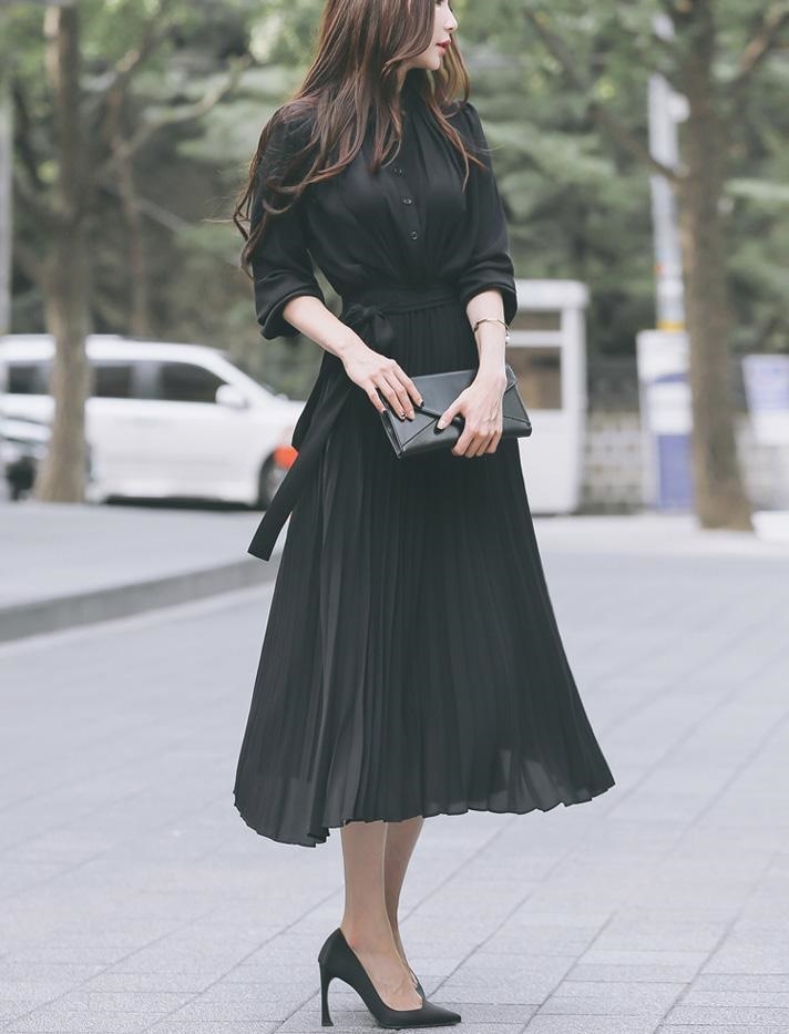 1503. シフォンプリーツワンピース（ブラック） 2019 春夏 sale お呼ばれ 女子会 ランチ レストラン フォーマル 同窓会 演奏会