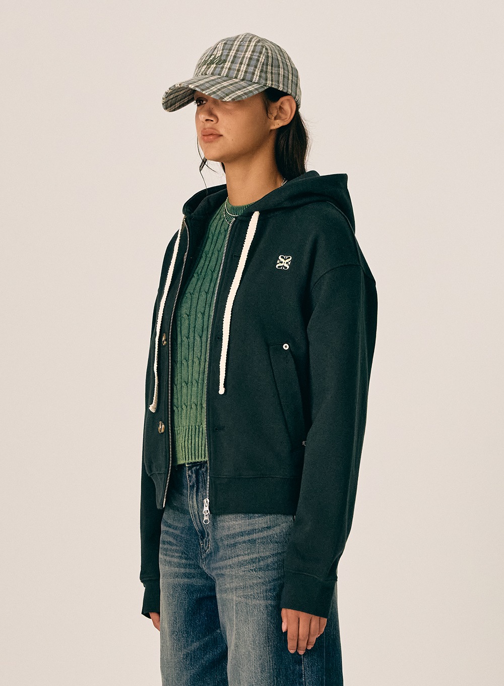 【SATUR】 (W) TEO COTTON ALL DAY HOOD ZIP-UP : CLASSIC GREEN