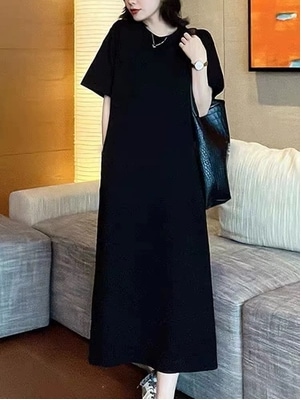 ワンピース フレアワンピース ロング丈 マキシ丈 半袖 ドロップショルダー クルーネック 襟なし セミフレア ワイド Aライン かわいい 大人可愛い シンプル カジュアル おしゃれ お洒落 大人女子