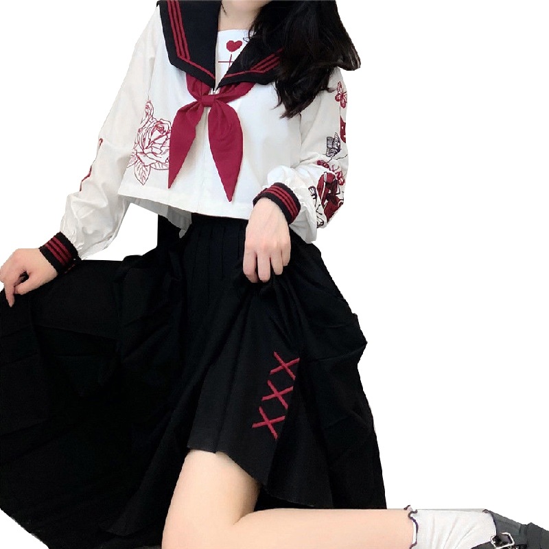3点セット 蝶々 セーラー服 長袖 学生服 前開き プリーツスカート 女子高校 大きいサイズ可愛い 長袖 学生服 セットアップ JK制服 文化祭 学園祭　長い丈
