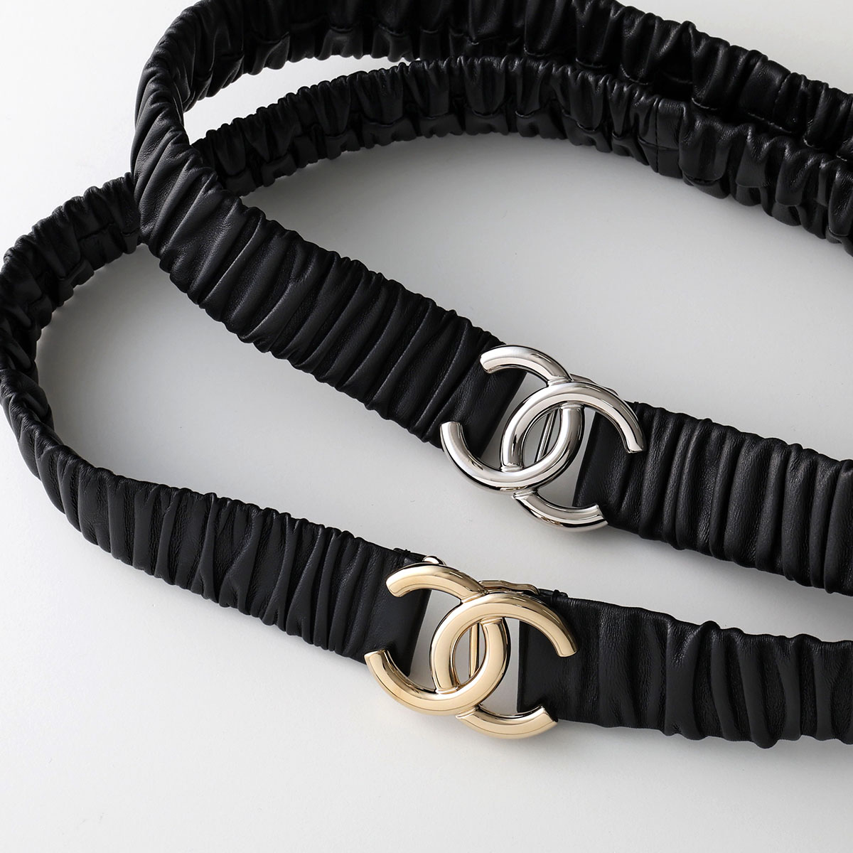 CHANEL シャネル ベルト AAB080 B20596 レディース メタル ココマーク CCマーク ロゴ レザー ゴムベルト ギャザー カラー2色