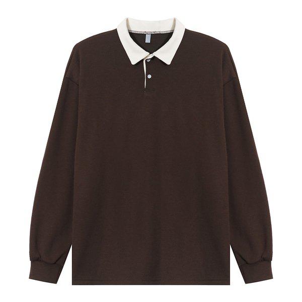 メンズオーバーフィットボタンカラーネックラグビーTシャツ AC-KAA-Q001-ブラウン