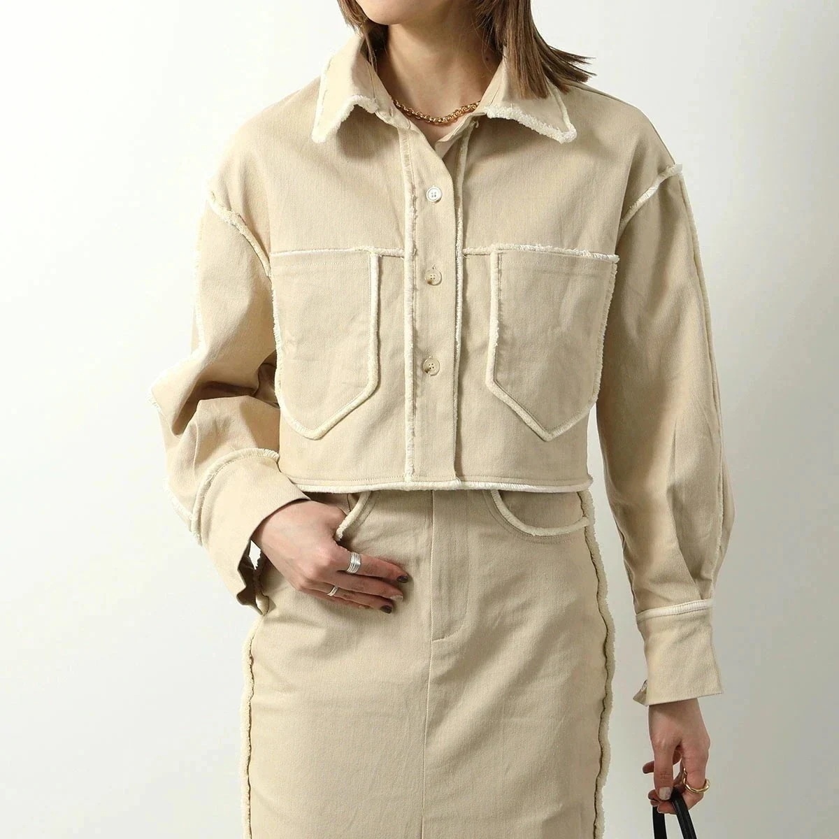 GHOSPELL ゴスペル シャツ Harper Frayed Crop Shirt レディース ブラウス クロップド丈 コットン混 長袖 胸ポケット セットア