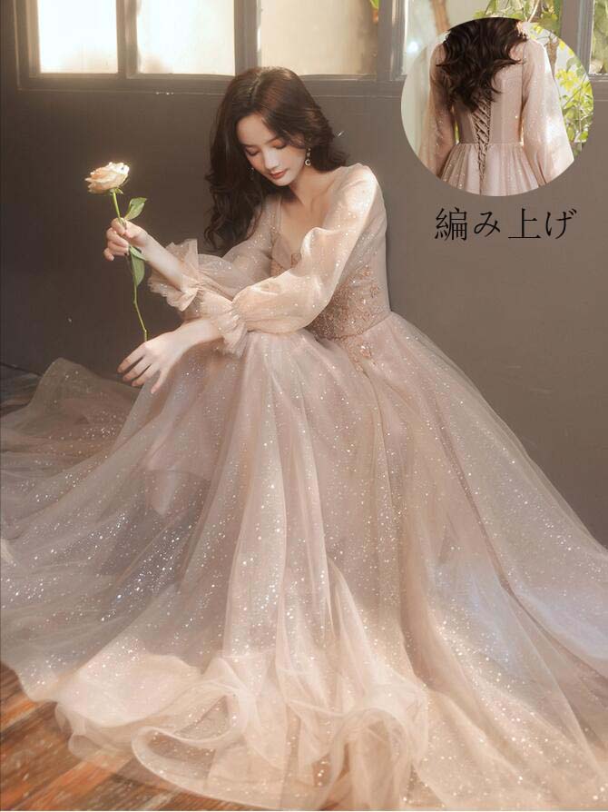 今だけ！お嬢様ドレス 演奏会 着痩せ ピアノ 発表会 セクシー 長袖 スレンダー 洋服 ロング丈ワンピース 忘年会 花嫁の介添え人 パーティードレス 高級感 Aラインドレス 韓国風 プリンセスライン