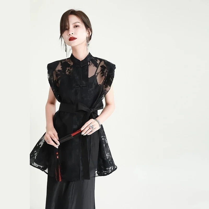 【J.Fashion】 民族風 レース シアーシャツ 透明 チュニック ロングブラウス サテンシャツ ベルト付き ショートワンピ風 シャツ 体型カバー 日焼け止め オ メガ割30%までに制限