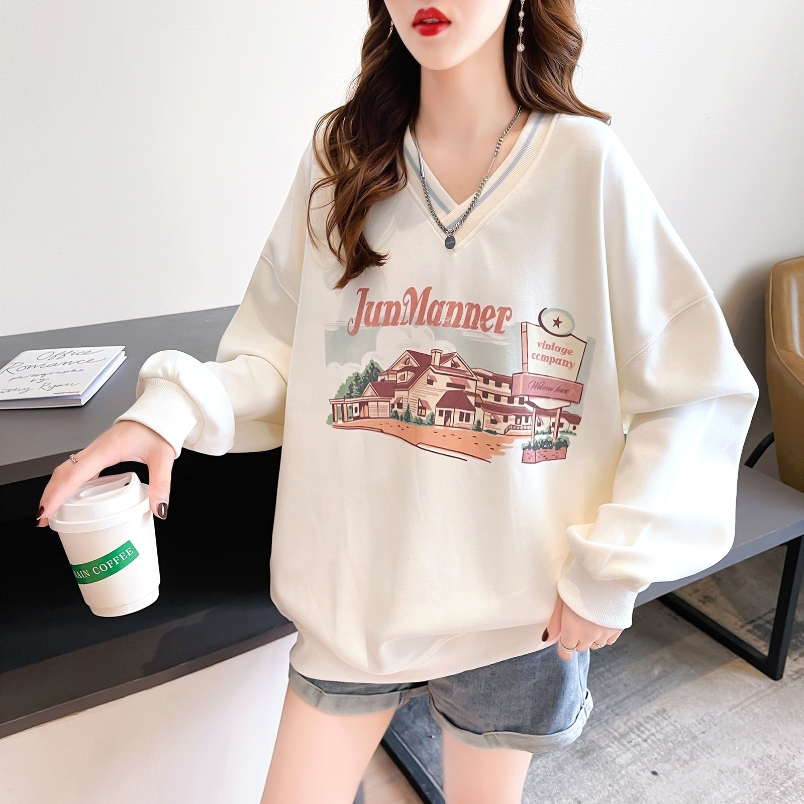 新商品 デザイン感 Vネック 長袖ブラウス スウェット レディース 韓国 ファッション 着痩せ トップスゆったりスウェット