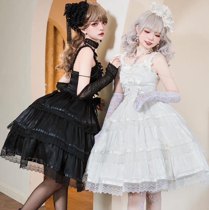 ロリータ ワンピース レース キャミソール 鬼花嫁 コスチューム ドレス 膝丈 ロリータワンピース ティアード ドレス コスプレ衣装 撮影衣裳 学園祭 文化祭 イベント衣裳 リボン付き