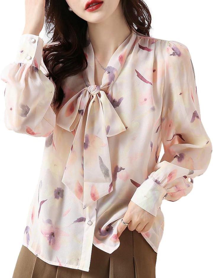花柄ボウタイブラウス シフォン素材 カワイイ オシャレトップス JS77-WH-L(ホワイト, L)