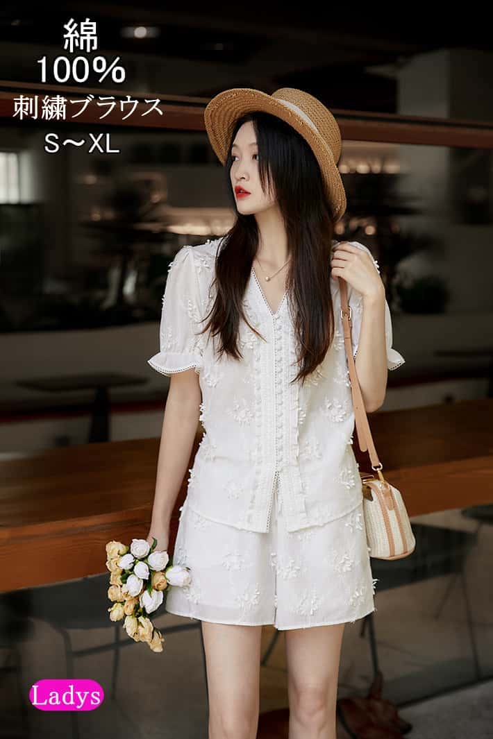 お安く提供上品な白刺繍レースブラウス レディース 100％綿 半袖Tシャツ 夏 春 フリル袖 オフィスカジュアル 大人かわいい ビーチリゾートや日常使いにも S～XL対応