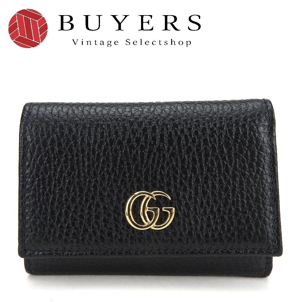 中古 三つ折り財布 644407 GGマーモント レザー ブラック ゴールド金具 コンパクトウォレット シンプル 小物 レディース メンズ