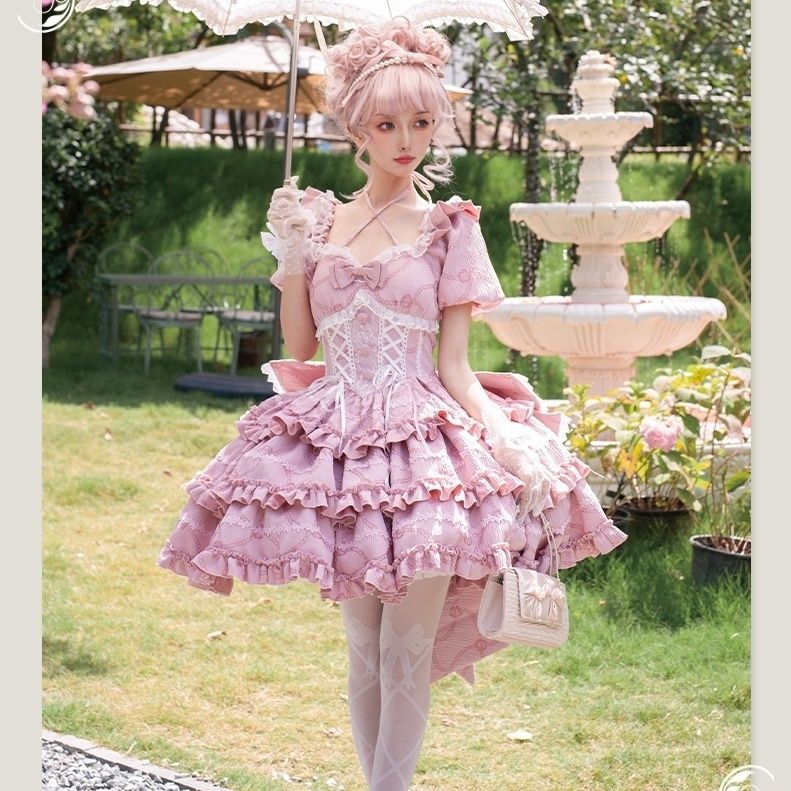 ロリータ完全セットopプリンセスボウテールドレスキャットミッドスリーブドレス