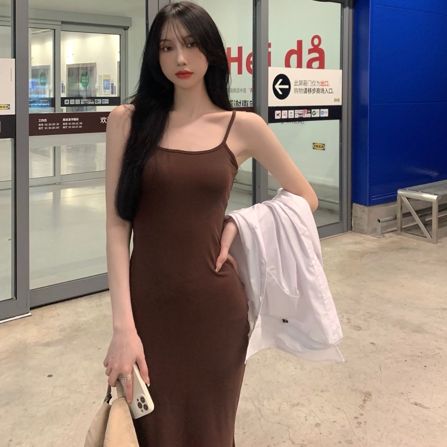 ワンピース ロング ロング丈 マキシ マキシ丈 袖なし ノースリーブ ラウンドネック スリム タイト 細身 ハイウエスト 伸縮性 薄手 かわいい 大人可愛い カジュアル おしゃれ お洒落 かっこいい