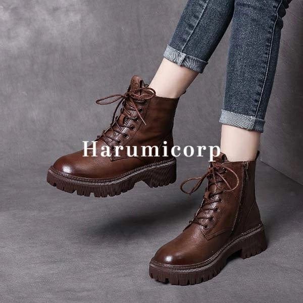 【即納】本革 ブーツ レディース 裏起毛 厚底 ショートブーツ 編み上げ レザー レースアップブーツ 幅広 シューズ 靴 くつ 軽量 美脚 きれいめ おしゃれ 大きい 小さいサイズ 脚長 婦人靴 上品