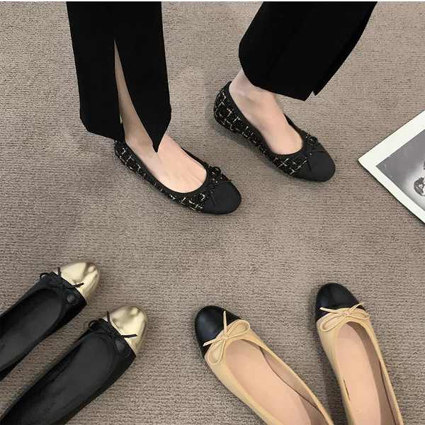 新品追加 コンビフラットシューズ　ぺたんこシューズ　バレエシューズ　ベージュ　ブラック　22 5ｃｍから24.5cm-2409-3