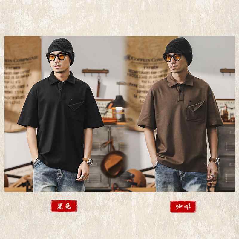 Tシャツ アメリカン レトロ 半袖 ポロシャツ メンズ 夏 大きいサイズ カジュアル 半袖 ポケット ベーシック シンプル ブラック コーヒ 黒 茶